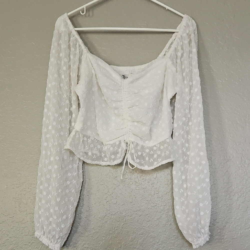 Hollister White Sheer Puff Sleeve Cropped Peassnt Top - Picture 2 of 9